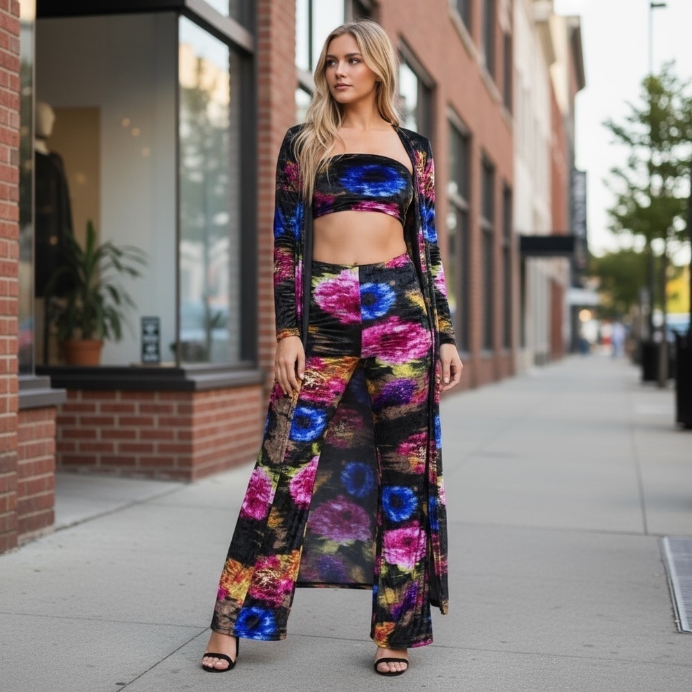 Women's Floral Print Velvet Crop Top Bandeau Pants Long Cardigan 3 Piece Set
New